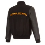 Front view of Black Iowa Hawkeyes Varsity Jacket.