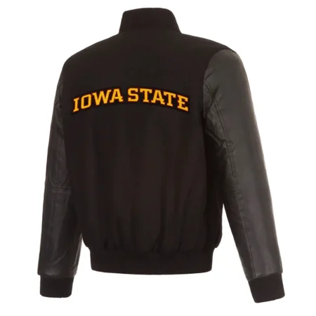 Back view of Black Iowa Hawkeyes Varsity Jacket.