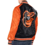 Model in Baltimore Orioles Varsity Satin Jacket Front