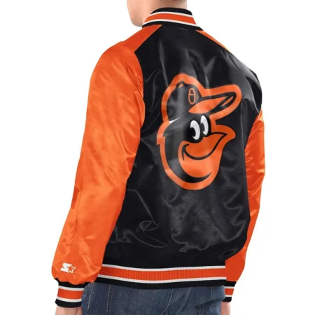 Model wearing Baltimore Orioles Varsity Satin Jacket back view