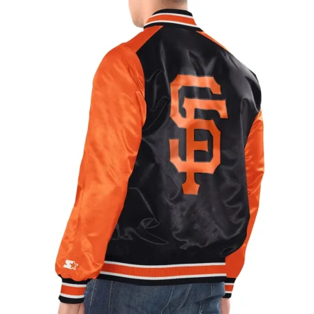 Model wearing Francisco Giants Renegade Varsity Jacket back view