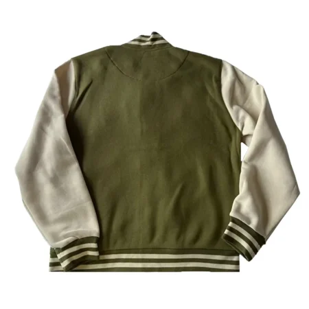 Back view of Black Pike Olive Green Varsity Jacket.