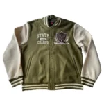 Front view of Black Pike Olive Green Varsity Jacket.