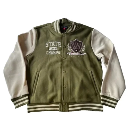 Front view of Black Pike Olive Green Varsity Jacket.