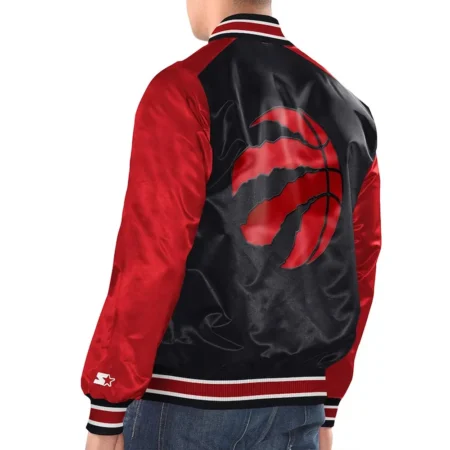 Model wearing Toronto Raptors Renegade Varsity Jacket back view