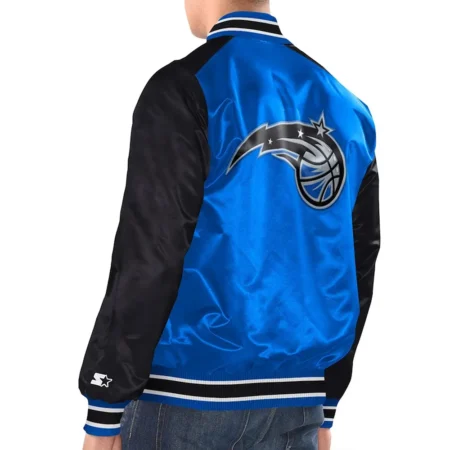 Model wearing Orlando Magic Renegade Varsity Jacket back view