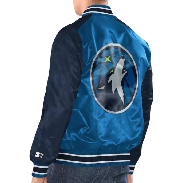 Model wearing Minnesota Timberwolves Varsity Jacket back view