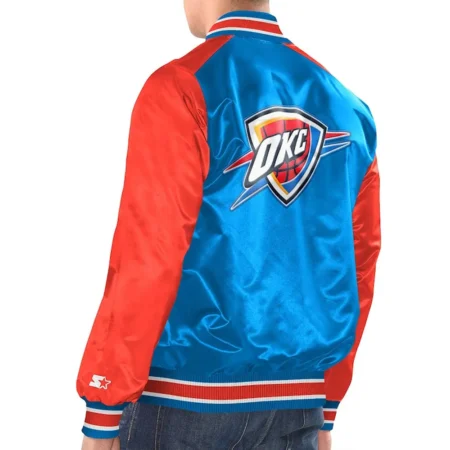 Model back view Oklahoma City Thunder Varsity Jacket team logo