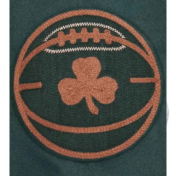 Close-up of 2023/24 Boston Celtics Varsity Jacket design and fabric.