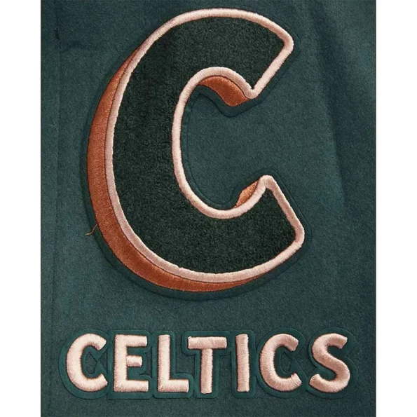 Close-up of 2023/24 Boston Celtics Varsity Jacket design and fabric.