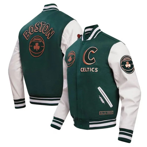 2023/24 Boston Celtics Varsity Jacket front and back views together.