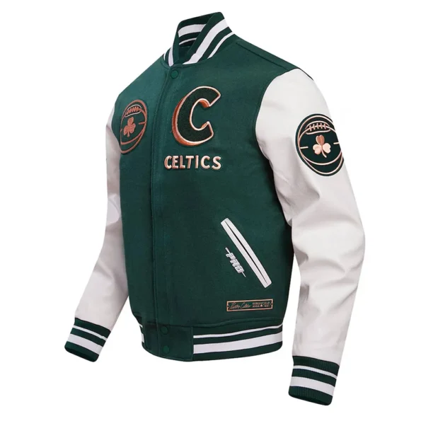 Front view of 2023/24 Boston Celtics Varsity Jacket.