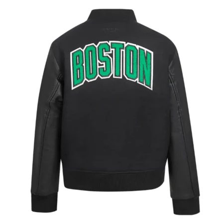 Boston Celtics Classic Varsity Jacket back view display.