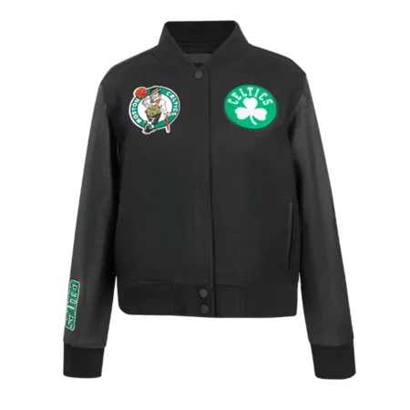 Boston Celtics Classic Varsity Jacket front view display.