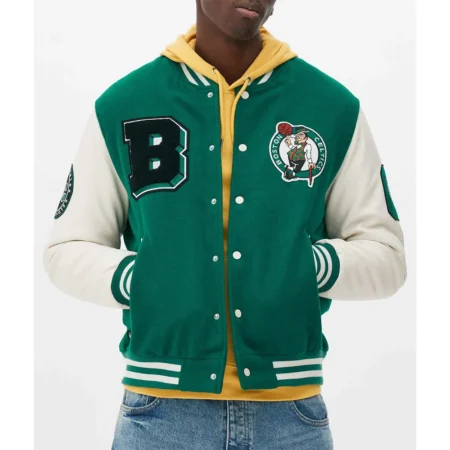 Model wearing Boston Celtics Varsity Green Jacket front view.