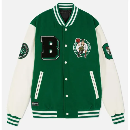 Boston Celtics Varsity Green Jacket front view display.