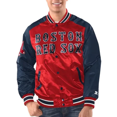 Model wearing Boston Red Sox Renegade Varsity Jacket front view