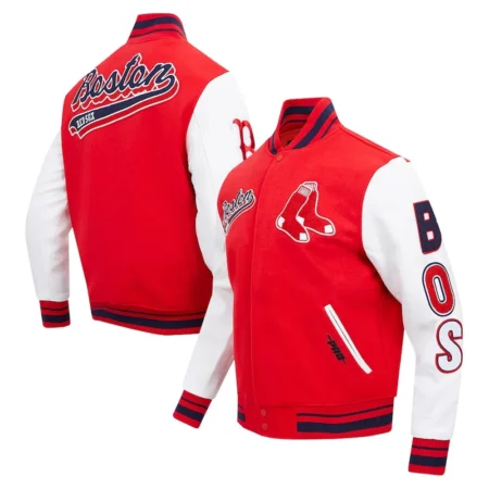 Boston Red Sox Script Tail Varsity Jacket front and back view.