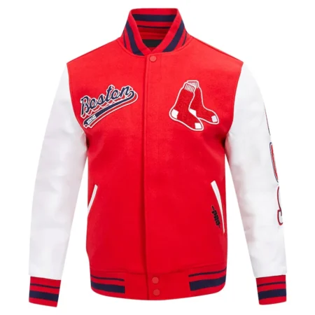 Boston Red Sox Script Tail Varsity Jacket front view with logo.