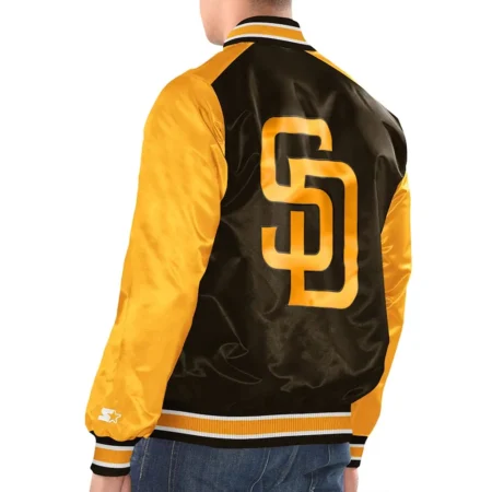 Model wearing San Diego Padres Renegade Varsity Jacket back view