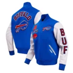 Combined front and back view of Buffalo Bills Varsity Jacket.