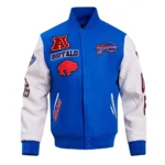 Combined front and back view of Buffalo Bills Varsity Jacket.