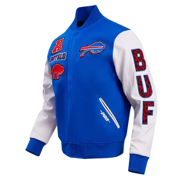 Side profile of Royal/White Buffalo Bills Varsity Jacket.