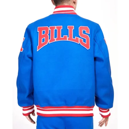 Model wearing Buffalo Bills Crest Emblem Varsity Jacket back view.