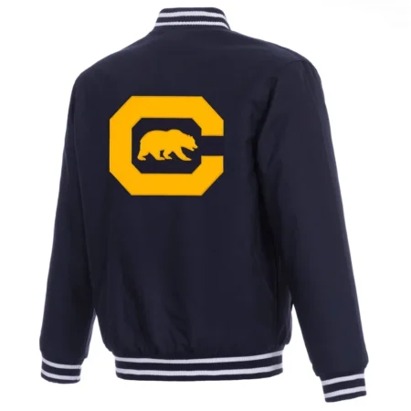 Cal Bears Navy Poly Twill Varsity Jacket back view.