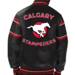 Model front view wearing Calgary Stampeders Striped Varsity Jacket.