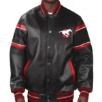 Model front view wearing Calgary Stampeders Striped Varsity Jacket.