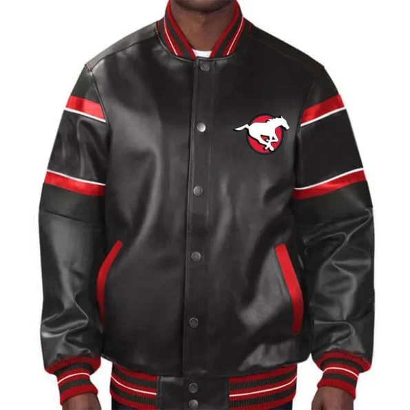 Model wearing Calgary Stampeders Striped Varsity Jacket front view.