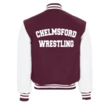 Chelmsford Lions maroon varsity jacket front view details