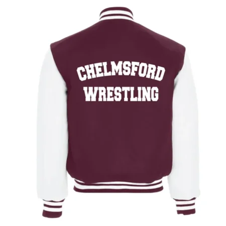 Back view Chelmsford Lions maroon varsity jacket details