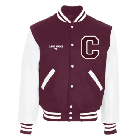 Front view Chelmsford Lions maroon varsity jacket details