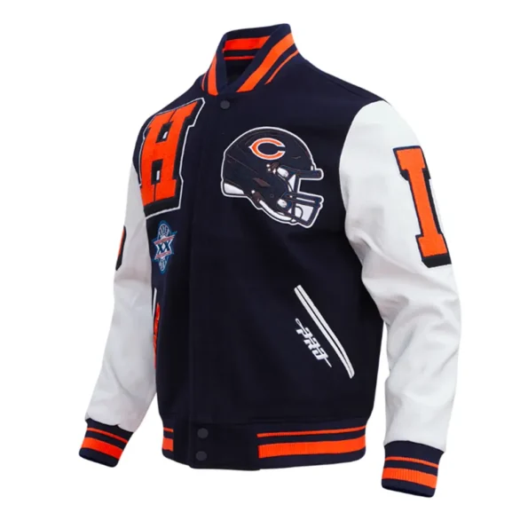 Side profile of Chicago Bears Mashup Varsity Jacket.