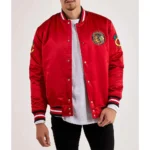 Model wearing Chicago Blackhawks Varsity Jacket front view.