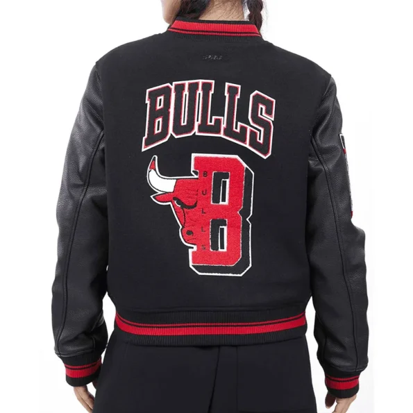 Model wearing Chicago Bulls Mashup 6X Varsity Jacket back view.