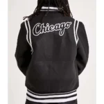 Model front view wearing Chicago White Sox Comiskey Varsity Jacket.