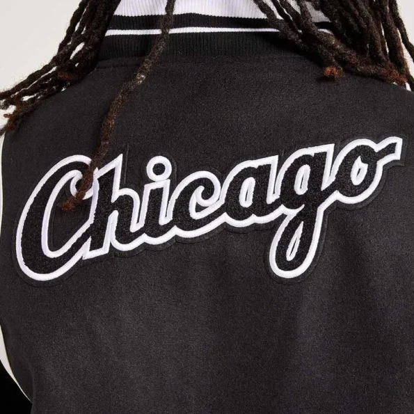 Close-up view of Chicago White Sox Comiskey Varsity Jacket fabric.