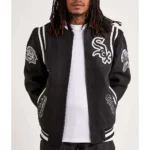 Model front view wearing Chicago White Sox Comiskey Varsity Jacket.