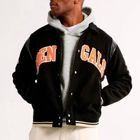 Model showcasing Cincinnati Bengals AFC Varsity Jacket front.