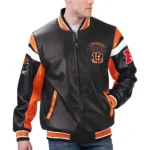 Model wearing Cincinnati Bengals Varsity Leather Jacket front view.