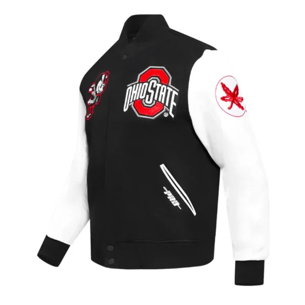 Side profile of Classic Ohio State University Varsity Jacket.