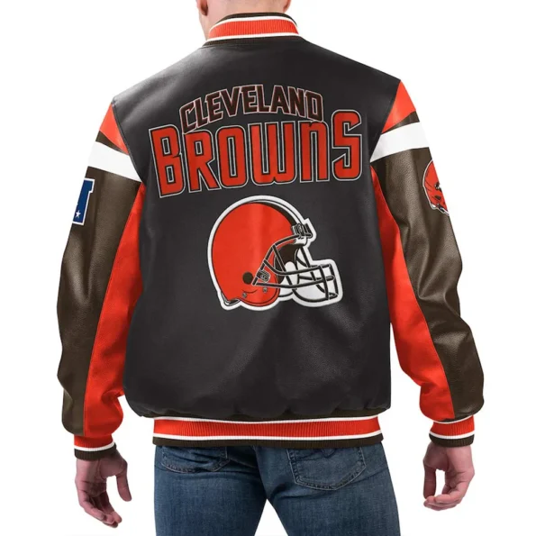 Model wearing Cleveland Browns Black Varsity Jacket back view.