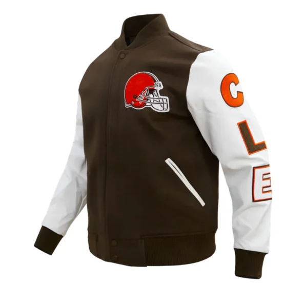 Side profile of Cleveland Browns Classic Varsity Jacket showing sleeve.