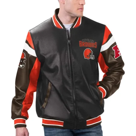 Model wearing Cleveland Browns Black Varsity Jacket front view.