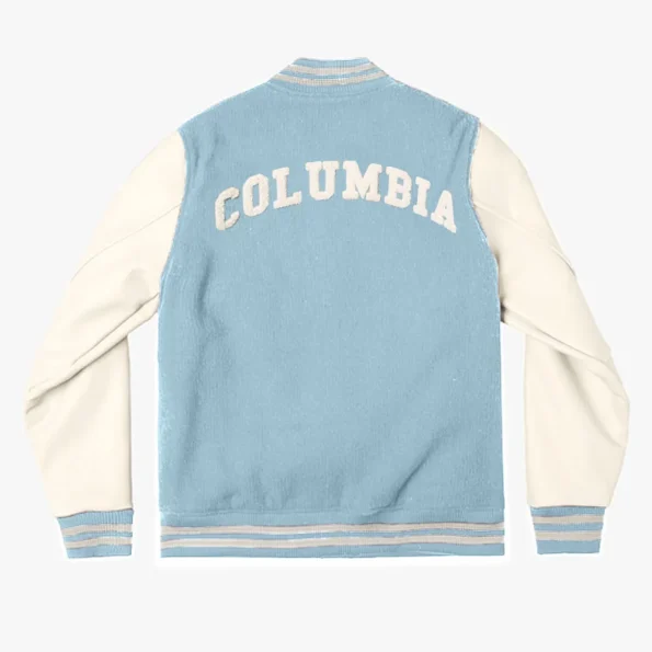 Columbia University Blue Varsity Jacket back view with logo