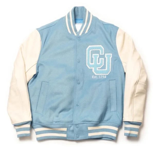 Columbia University Blue Varsity Jacket front view with logo