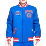 Model wearing Buffalo Bills Crest Emblem Varsity Jacket front view.